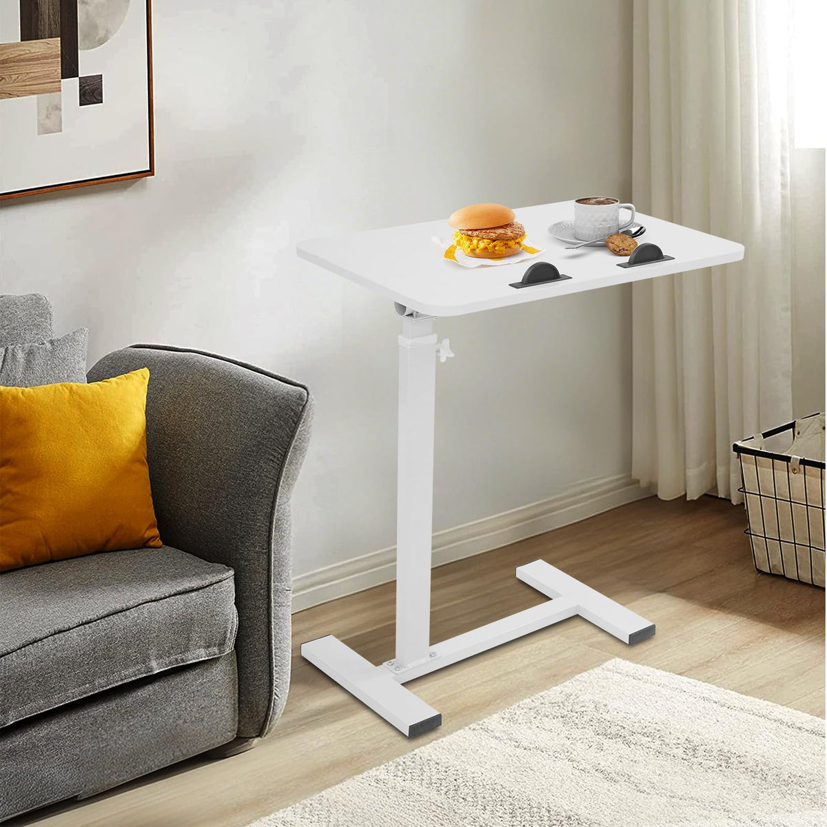 Adjustable Overbed Side Table with Wheels, C Shaped Laptop Desk, Mobile Standing Computer Tray Tables, Rolling 180°Swivel Top Flip Laptop Stand Table for Sofa and Bed, Home Office Use (White)