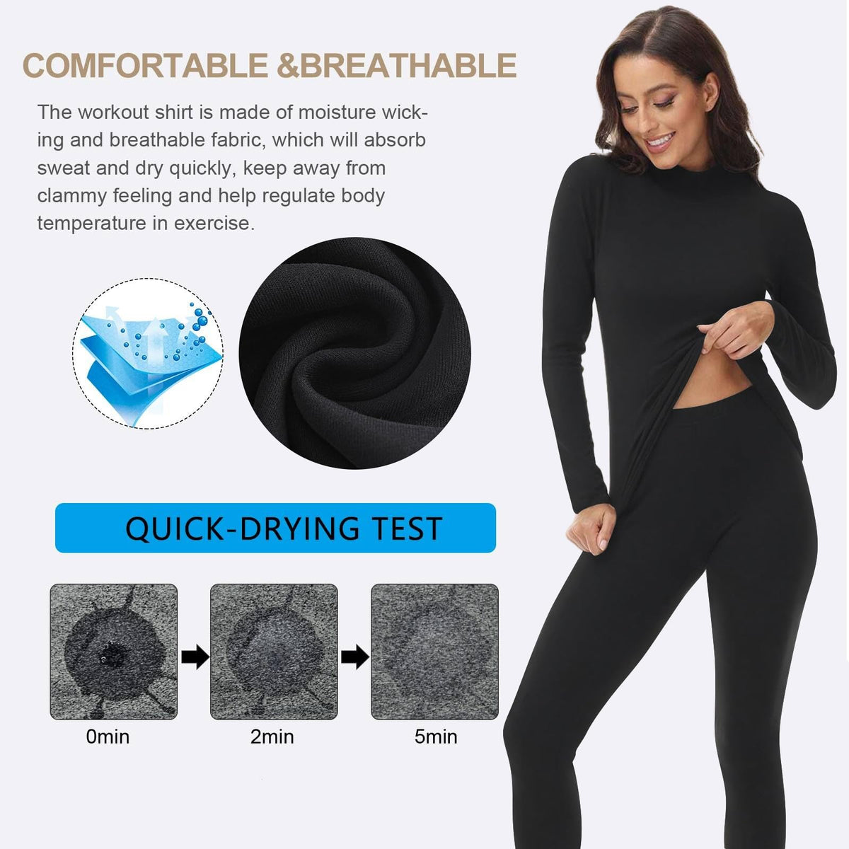 JOLLYBUYER Women's Mock Neck Thermal Underwear Winter Fleece Ultra-Soft Warm Base Layer Set Black