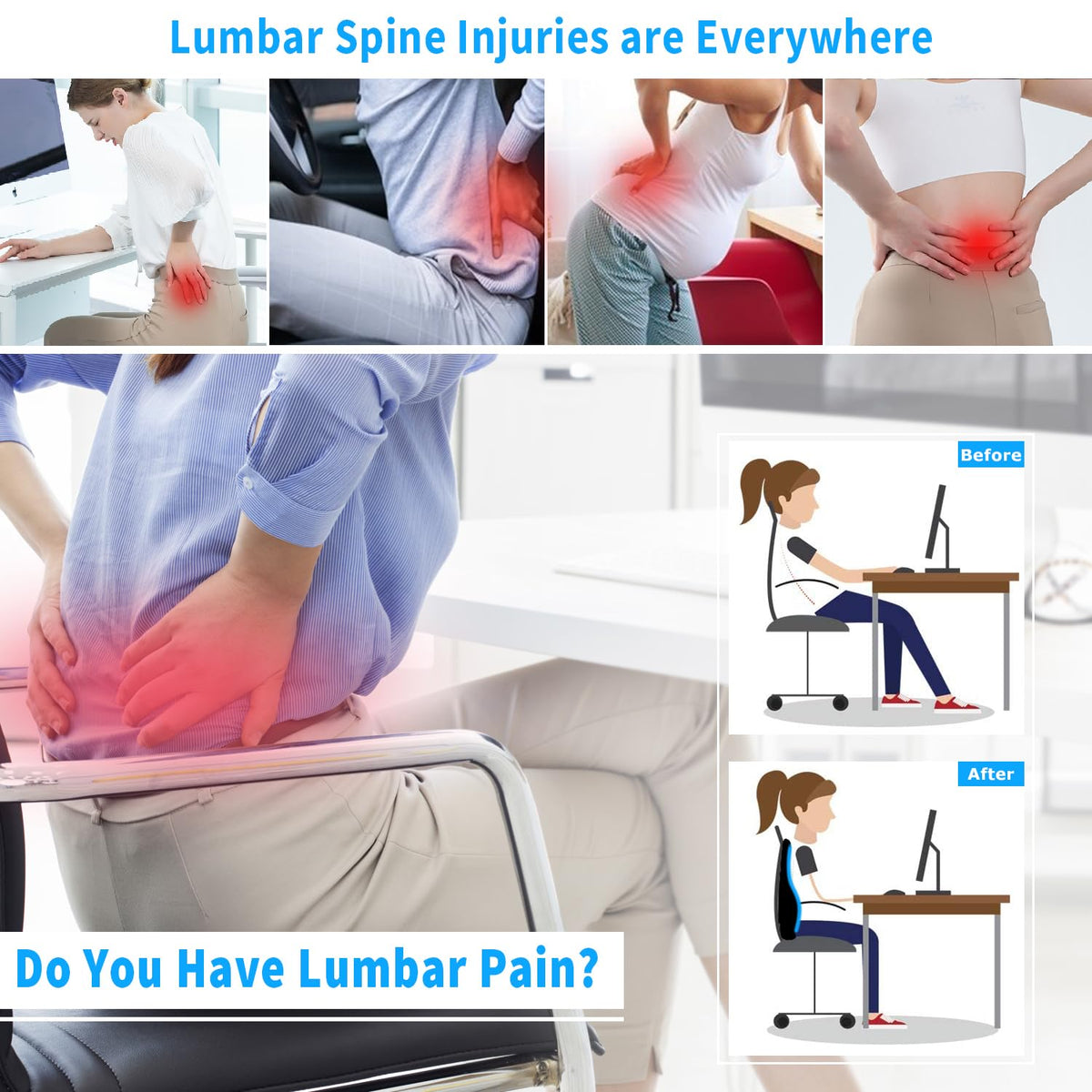 Lumbar Support Pillow for Office Chair,Memory Foam Back Support for Chair,Car Seat,Computer Chair,Recliner with Breathable Mesh Cover,Ergonomic Design for Back Pain Relief Improve Posture (Black)