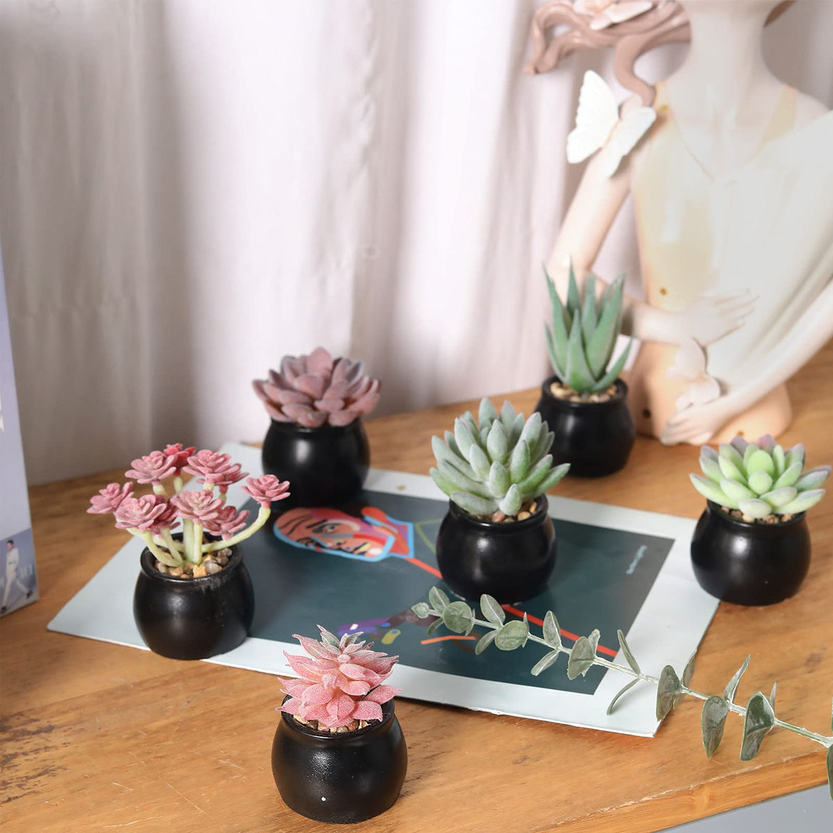 Nubry Mini Fake Plants in Ceramic Pots Artificial Small Succulents Potted Faux Assorted Lifelike Plants for Home Office Desk Decor, Set of 6 (Black Ceramic Pots)