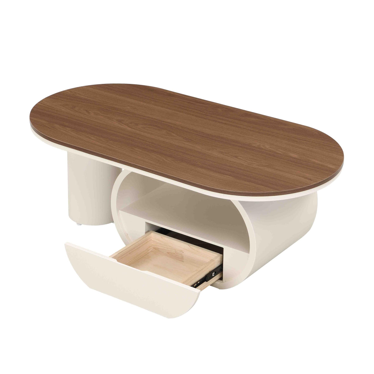 47.24'' Modern Coffee Table, Luxury Oval Coffee Table with Storage Drawer and Shelf, Metal Center Table for Living Room ﻿ (Antique White+Brown)