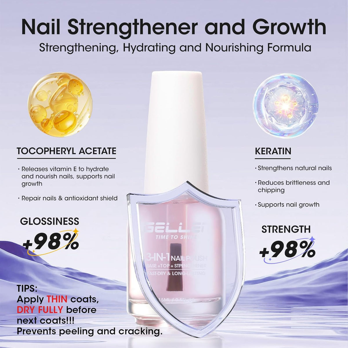 Gellen 3-In-1 Clear Nail Polish Base Top Coat & Strengthener, Sheer Nail Polish Hydrates Strengthens Nourishes Weak Damaged Dry Nails, Keratin & Vitamin E Formula, Hema Free, Non-toxic, Anti-yellowing
