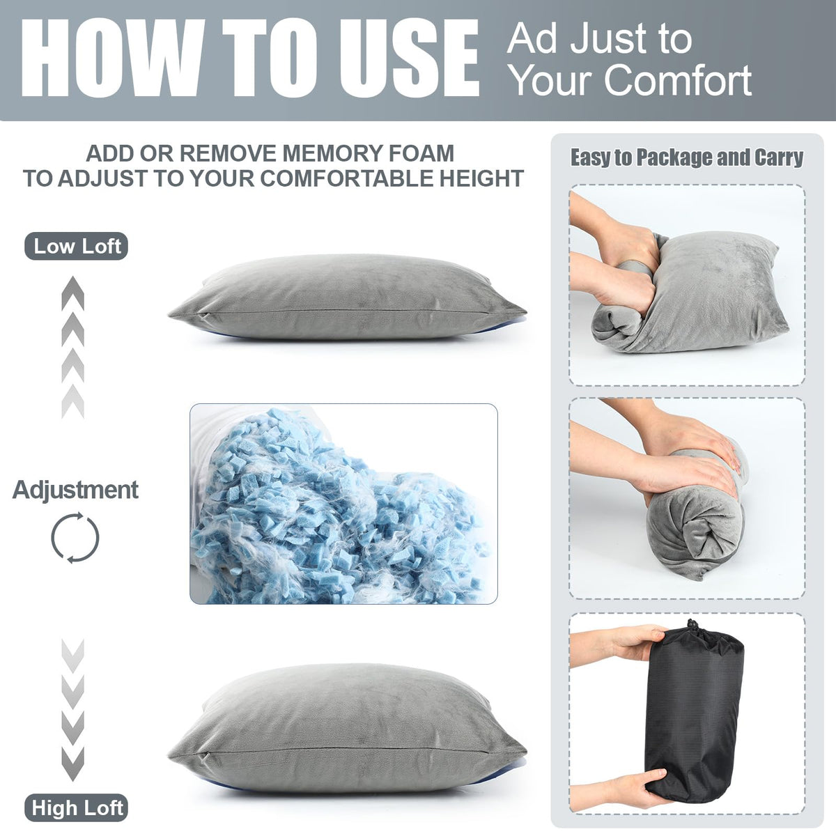 SmoothNovelty 2 Pack Camping Pillow for Sleeping Shredded Memory Foam Travel Pillow with Storage Bag, Compressible Portable Pillow for Outdoor Camp Backpacking Hiking Essential Gear (Grey,Small)