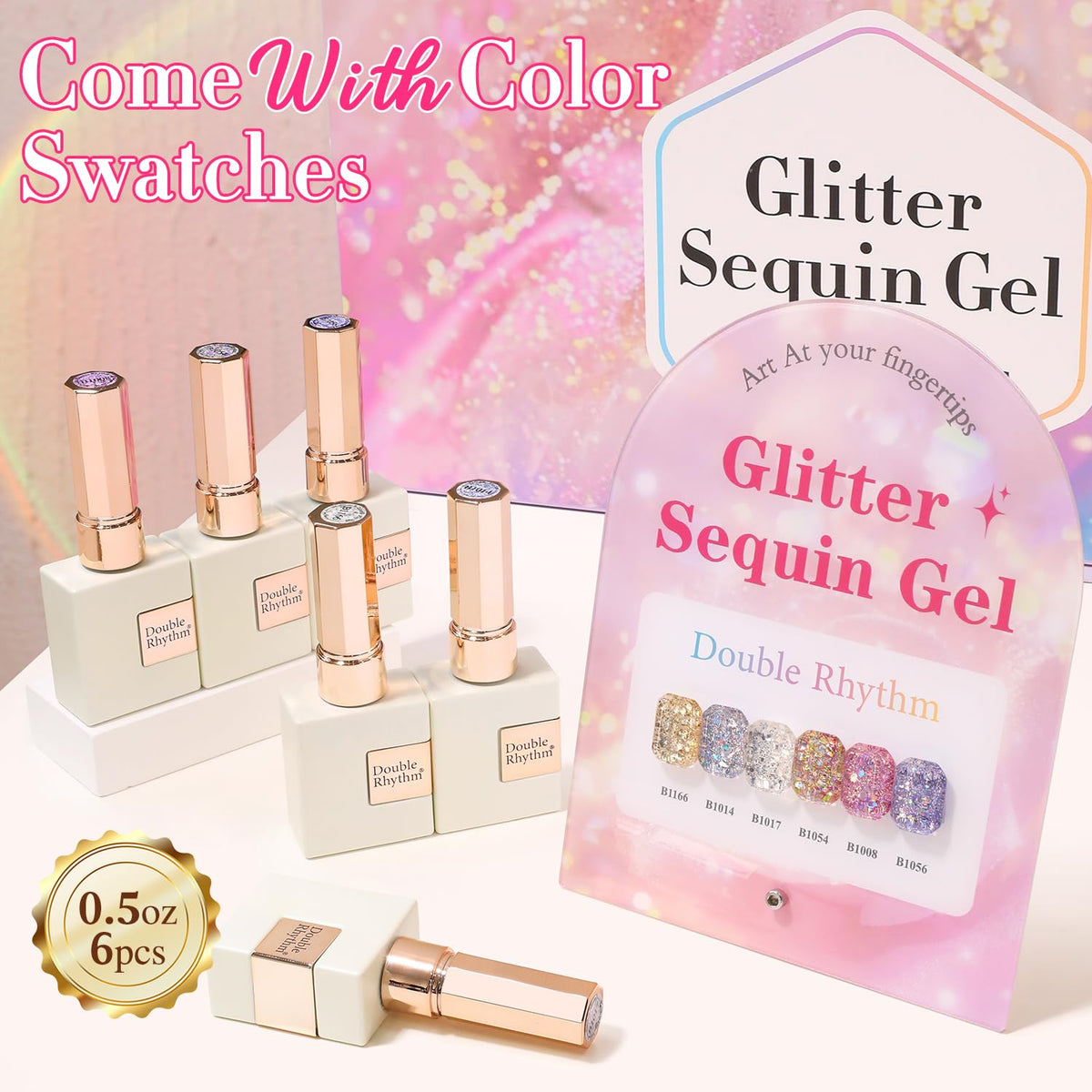 Double Rhythm 0.5 Oz Glitter Gel Polish Set of 6 Color with Display Board 15 ml Full Size Kit Shimmer Reflective Sparkle Soak Off Manicure Salon DIY at Home (Gold Blue Silver Purple Pink-T6-37)
