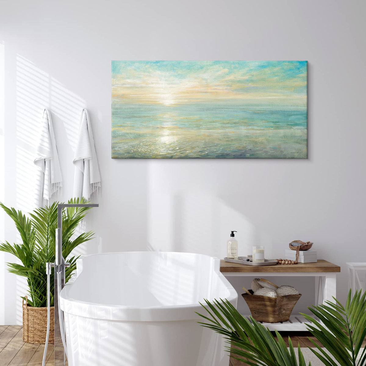 Goldfoilart Beach Sunrise Pictures Ocean Wall Art Coastal Canvas Prints Sea Waves Poster Paintings for Living Dining Room Bedroom Bathroom Framed Artwork Decorations Home Decor 20"x40"