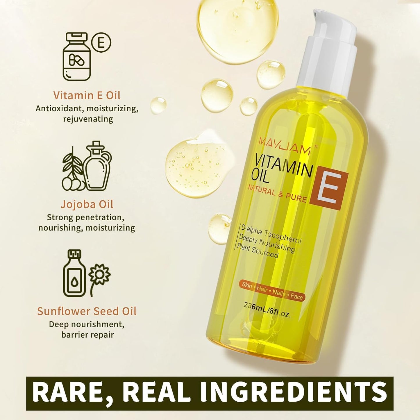 Organic Vitamin E Oil 50,000 IU for Skin, Pure & Natural Vitamine oils for Scars Hair, Face, Nail, Scalp Bath and Body Oil, Tocopherol to Repair Damaged Skin, Moisturizing Dry Skin, 8 Fl Oz