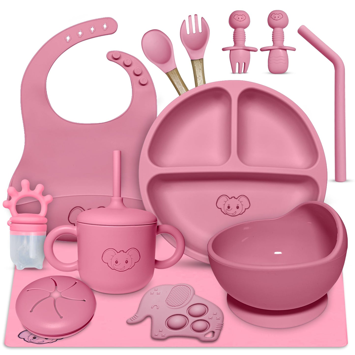 Silicone Baby Feeding Set - Baby Led Weaning Supplies with Sippy Cup, suction plate and bowl, Spoons, Forks, Fruit Pacifier, Bib, and Baby Eating Essentials for 6+ Months - Eight4you