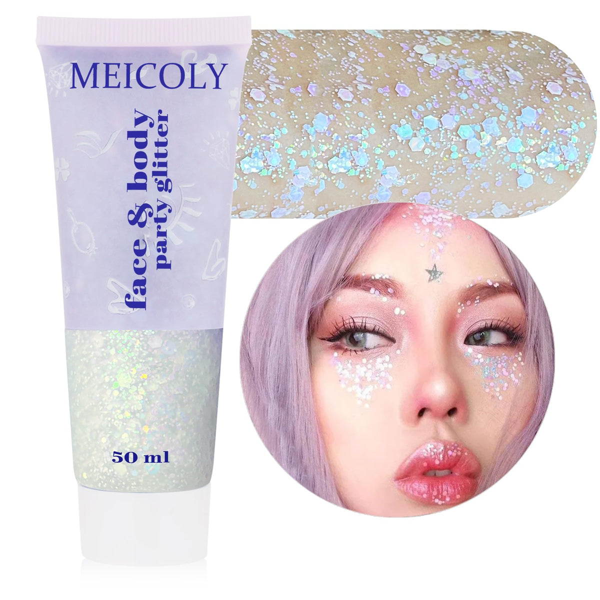 MEICOLY Chameleon Iridescent White Body Glitter,Chunky Face Glitter Paint Ice Themed Aerial Performance,Color Changing Mermaid Face Glitter,Opal Glitter for Face Body Hair,Festival Party Cheer Makeup