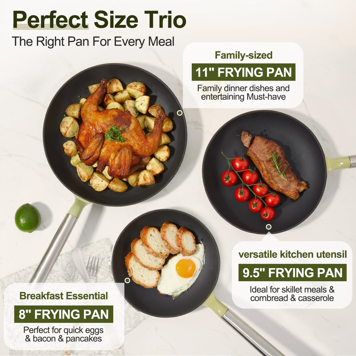 KOKHUB Titanium Enameled Cast Iron Skillets, Non Stick Frying Pan Set 3 Piece, 8" 9.5" 11" Non Toxic PFOA Free Cooking Pans, Dishwasher & Oven Safe Cookware, All Cooktops Compatible, Sage Green
