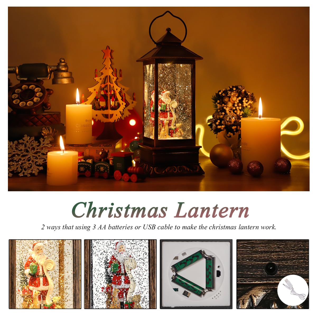 Christmas Snow Globes Lantern, Christmas Decoration Indoor, Battery Powered or USB Powered, Water Globe Lantern with Music and Timer, for Family Kids, Holiday Decorations