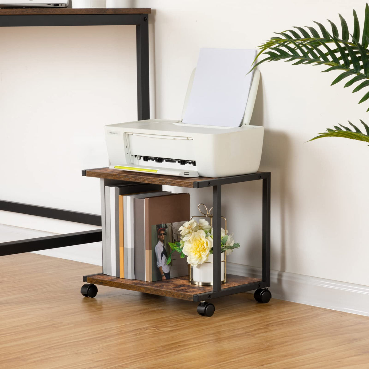 HOOBRO Under Desk Printer Stand, 2-Tier Industrial Printer Cart with Storage Shelf, Mobile Machine Holder Table Stand, for Home and Office, Rustic Brown and Black BF42PS01