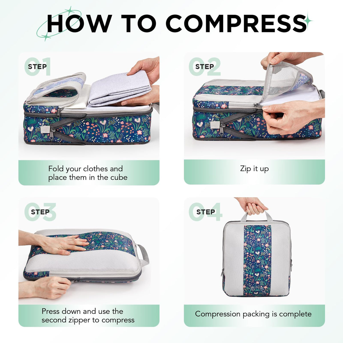 8 Set Compression Packing Cubes for Travel Essentials,Compressible Expandable Packing Cubes for Suitcase,OlarHike Luggage Organizer Bags,Handy Helper for Organizing Clothes(Dark Blue Floral)