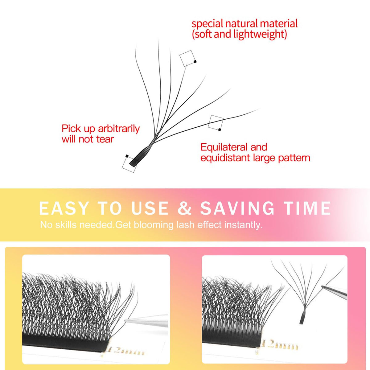 W Lash Extensions 7D Eyelash Extensions W Shape 0.07mm Thickness C Curl Mix 8-15mm Premade Fans Individual Lashes Volume Matte Black 12 Rows Crisscross False Eyelashes(W-7D-0.07-C,8-15mm)