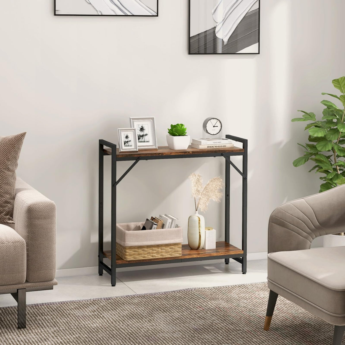 Livofloral Narrow Console Table, Small Entryway Table with 2 Support Bar, Thin Sofa Table, Small Couch Table, Display Table, Side Table for Living Room, Hallway, Bedroom, Rustic Brown