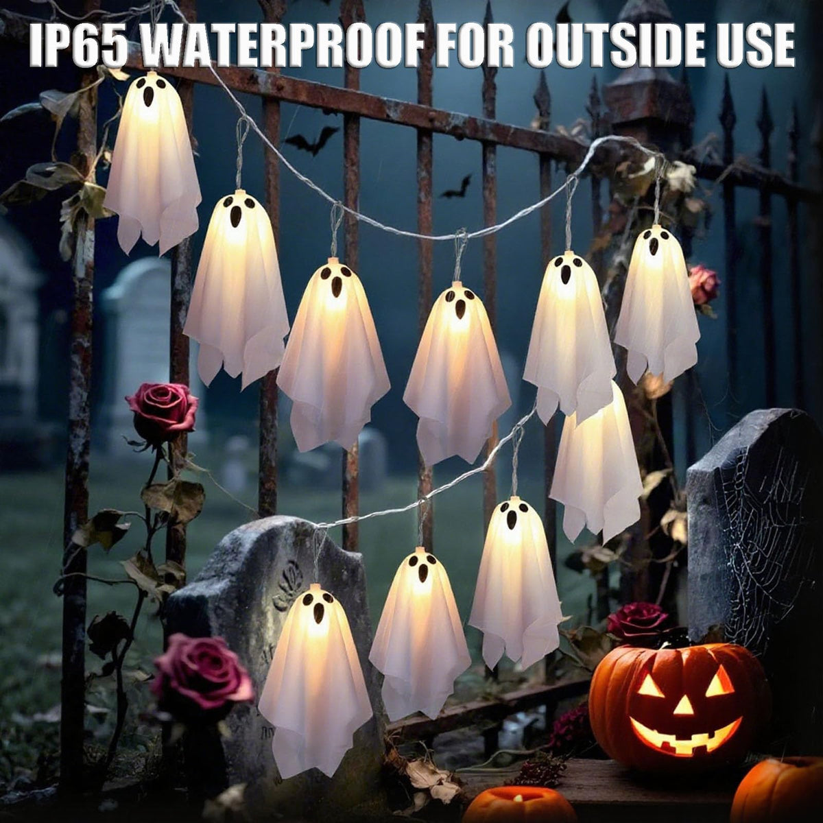 KooluWin 10 LED Ghost Battery Operated Halloween Lights, 8 Modes Ghost Hanging Lights String, Waterprof Spooky Halloween Decorations Indoor Outdoor for Party, Haunted House, Fireplace, Porch (2 Pcs)