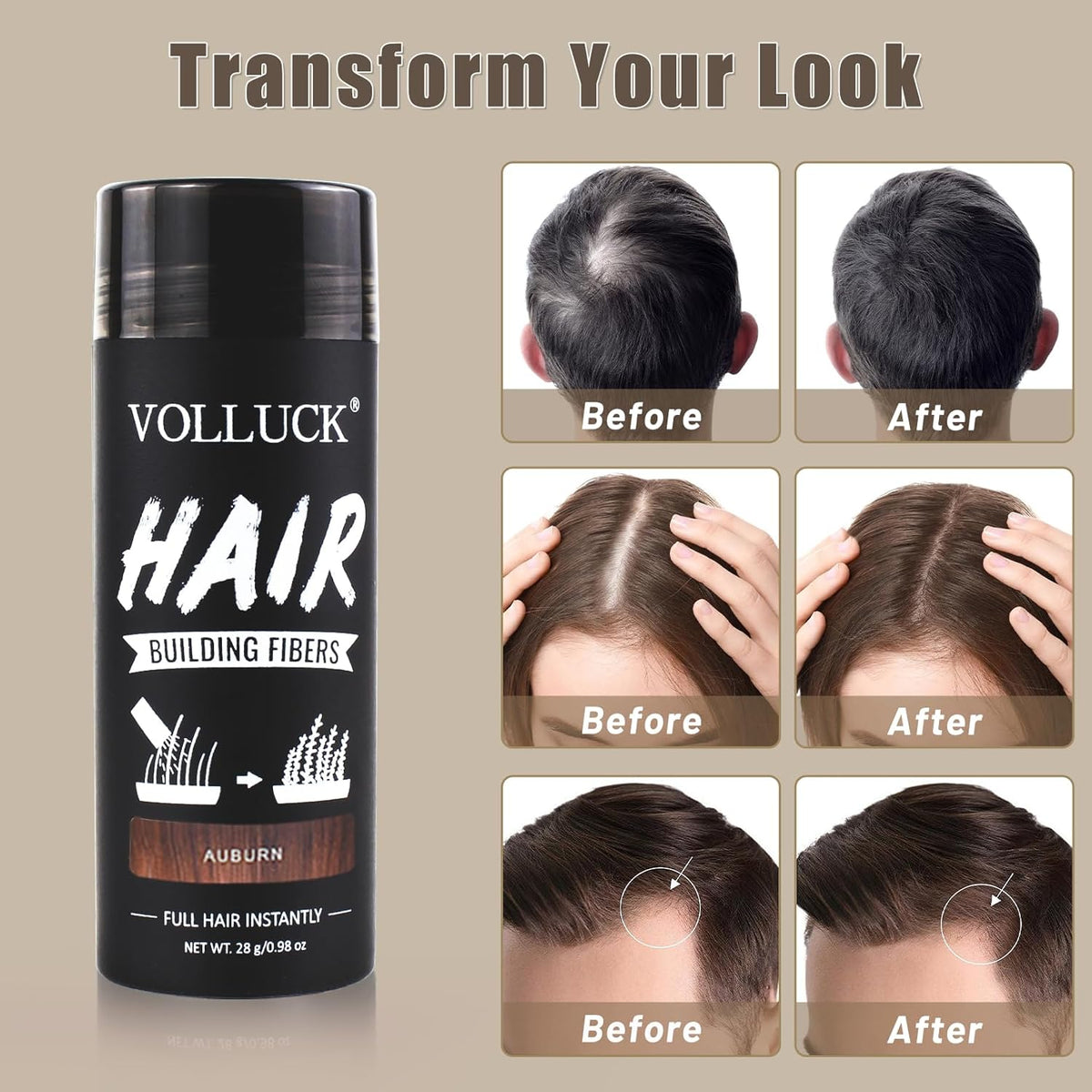 VOLLUCK Hair Fibers for Thinning Hair, Instant Coverage Hair Building Fibers for Women and men, Natural Hair Powder for Conceal Hair Loss 28 g (Auburn)