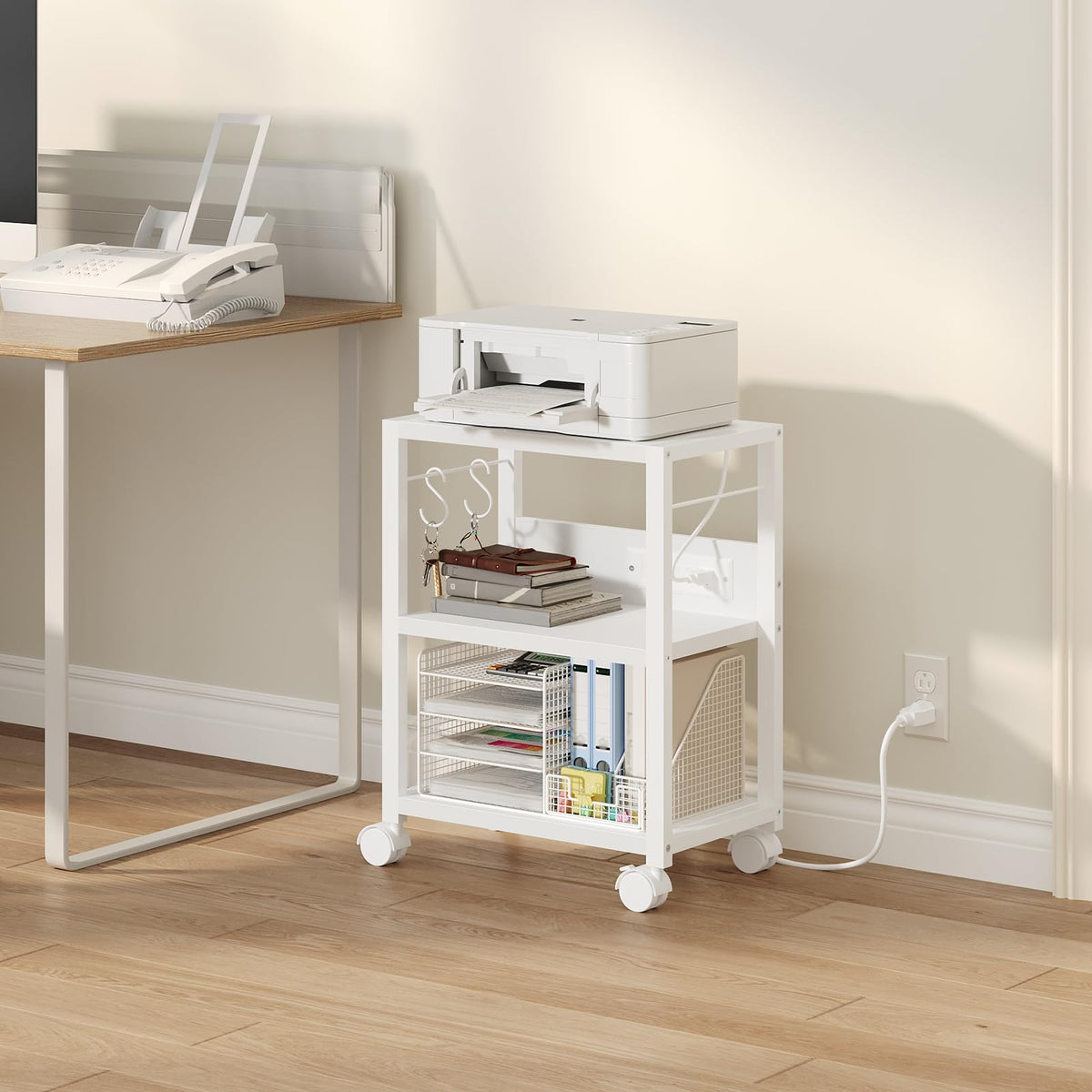 MAHANCRIS Industrial Printer Cart, 3-Tier Mobile Printer Stand, Rolling Cart with 2 AC Outlets and 2 USB Ports, Home Printer Stand with 2 Hooks, for Office, Living Room, White PTWT40E01