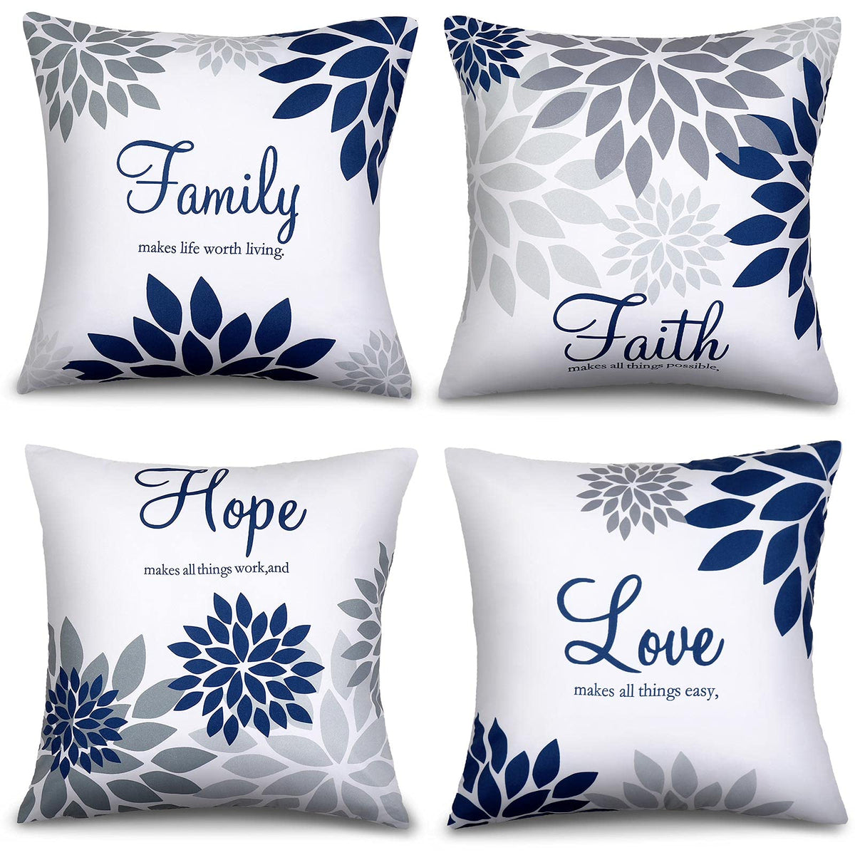 Tatuo 4 Pcs Yellow Flower Navy Pillow Covers Square Pillow Cushion Cases 18x18 Inch, Family Faith Hope Love Words Decorative Spring Summer Cushion Case for Sofa Bed(Gray Series)