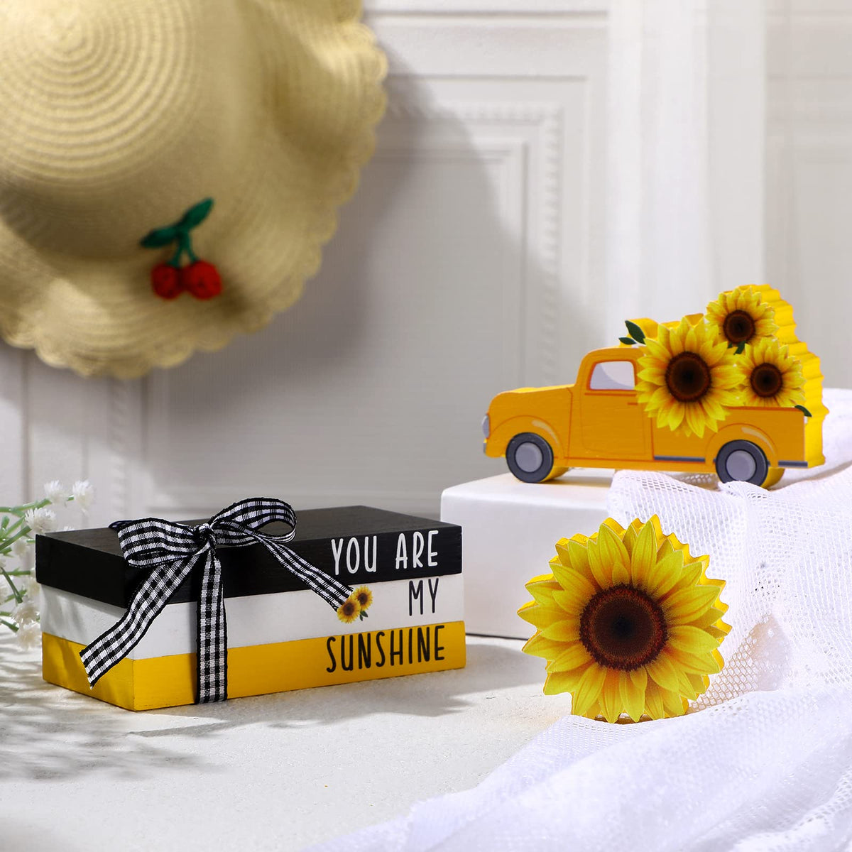 Yookeer 5 Pieces Farmhouse Tiered Tray Decor Items Rustic Wooden Mini Truck Bundle Books Stack Sign for Summer Spring Home Harvest Table Shelf Decorations(Sunflower Style)