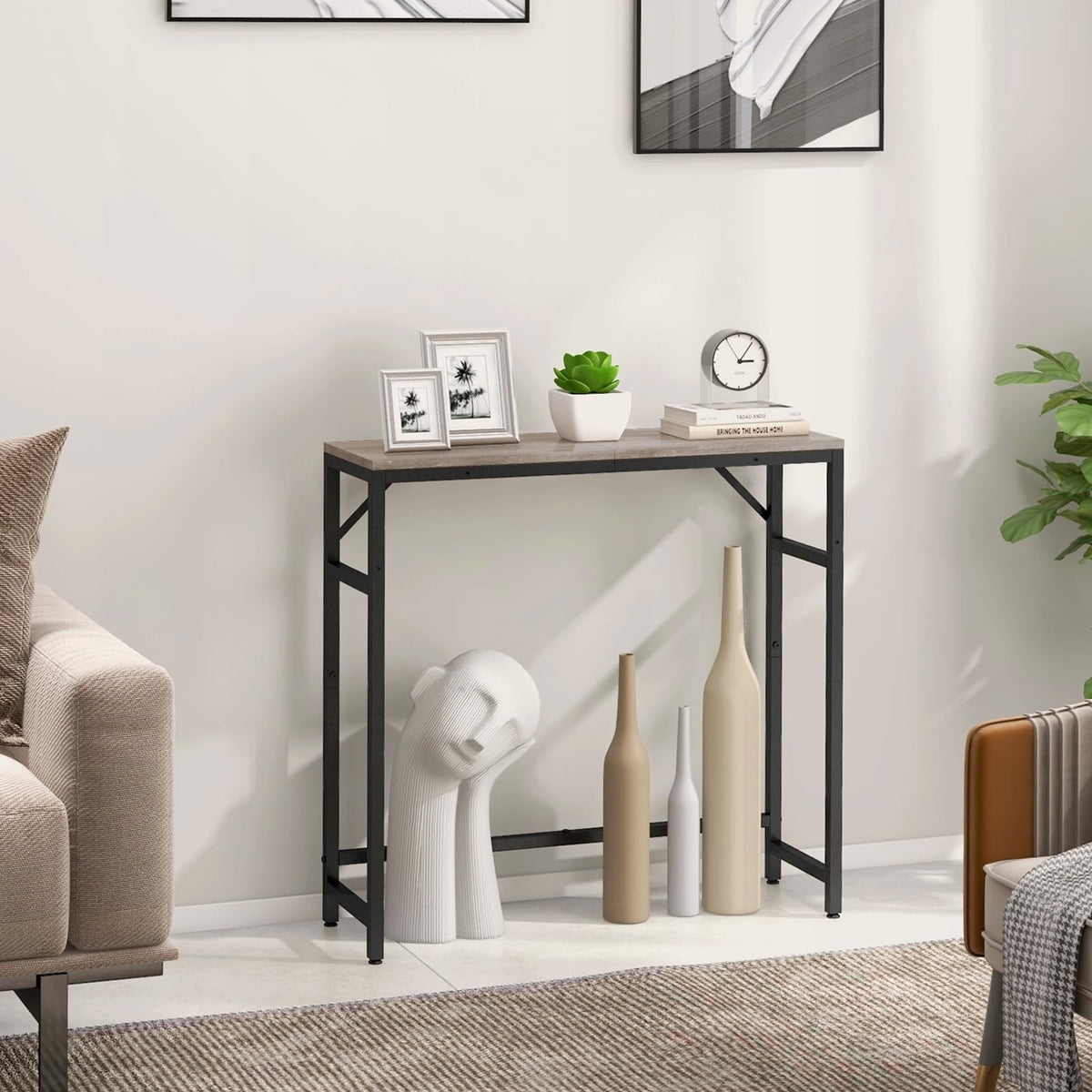 Livofloral Narrow Console Table, 29.5" Small Entryway Table, Sofa Table with 2 Support Bar, Industrial Couch Table, Thin Side Table, Display Tables for Living Room, Hallway, Bedroom, Foyer, Grey