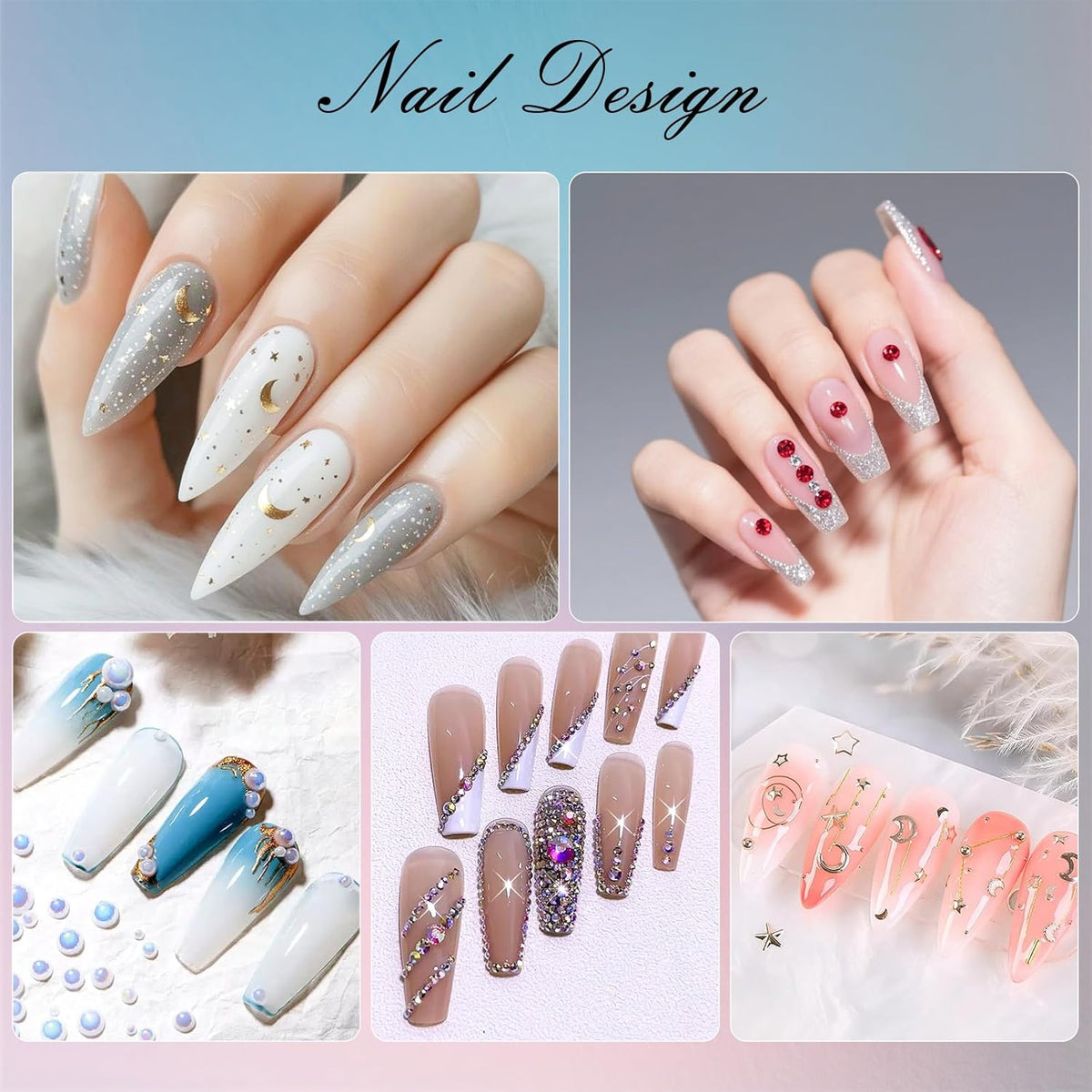 Artdone Nail Art Studs Kit, 6 boxes Multicolor And Design 3D Charms With 15 Sheets Gold Nail Stickers, Diamond Cute Nail Jewels For DIY Decoration with Pickup Tools
