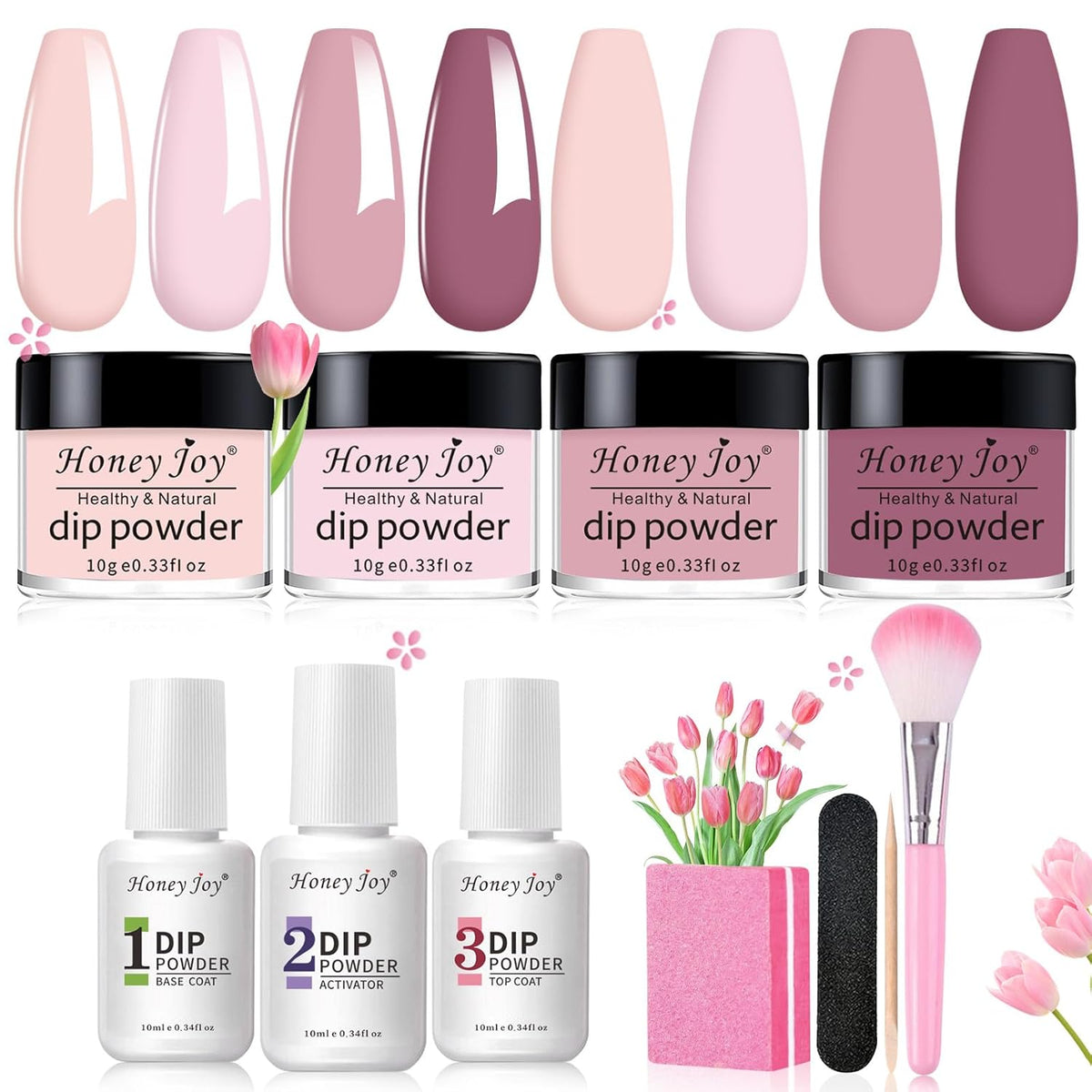 Honey Joy Dip Powder Nail Kit Starter, 4 Colors Light Pink Nude Skin Tone Dipping Powder Liquid Set with Base Top Coat Activator for Nail Art Manicure Salon DIY No LED Nail Lamp Needed, Dip-7pcs-05