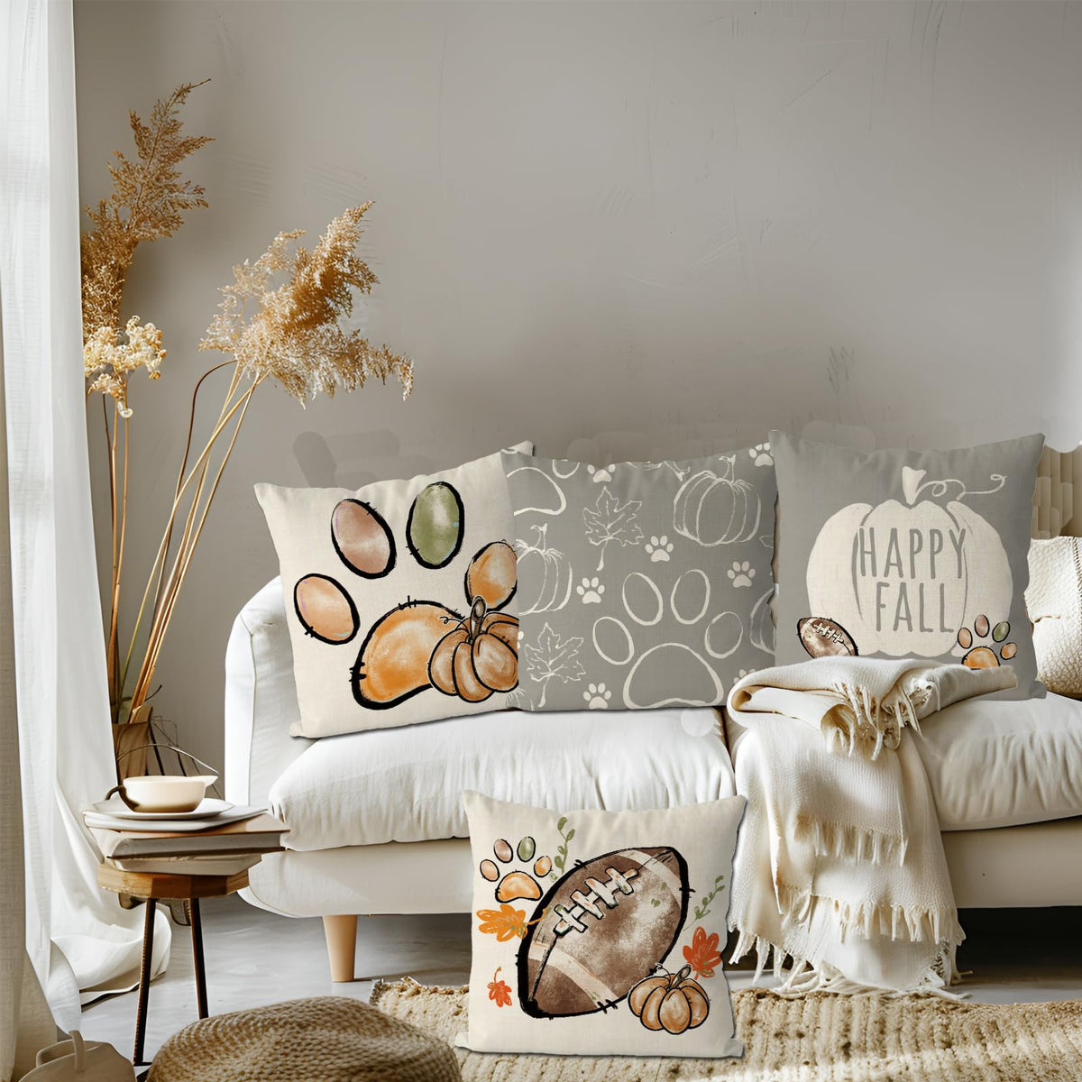 QIONG MENG Fall Pillow Covers 18x18 Inch Set of 4 Football Dog Paws Throw Pillow Covers Pumpkins Autumn Harvest Pillowcase Farmhouse Home Decorations Sofa Bedroom Cushion Case