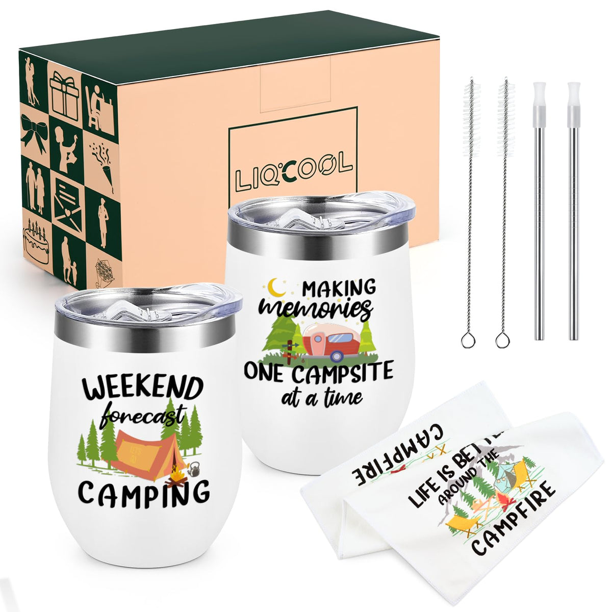 LiqCool - 2 Pack Camping Tumblers with Kitchen Towel Set, Cool Camping Gifts for Men, Women, Couples, Outdoor Gifts for Picnics, Hiking, RV Campers, Birthday, Christmas 12 Oz