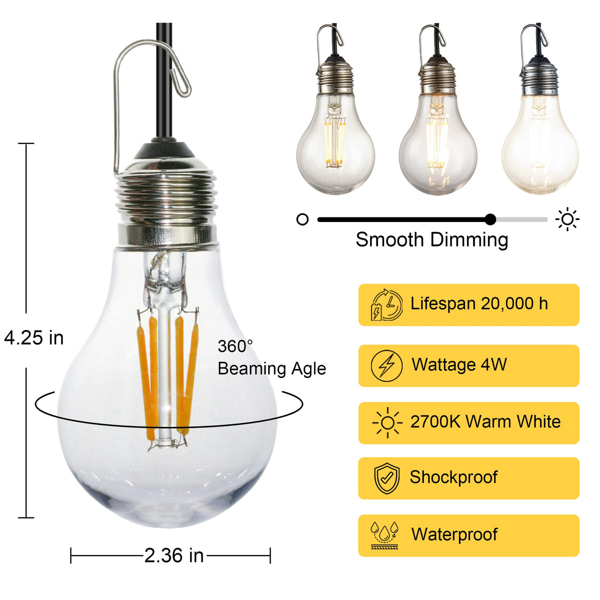 2-Pack Dimmable Shatterproof Waterproof Camping Light with USB Plug, 7.5ft Cord with Built-in Hanger Outdoor Durable Portable Lights for RV Tent Garage Hiking Nighttime Activities