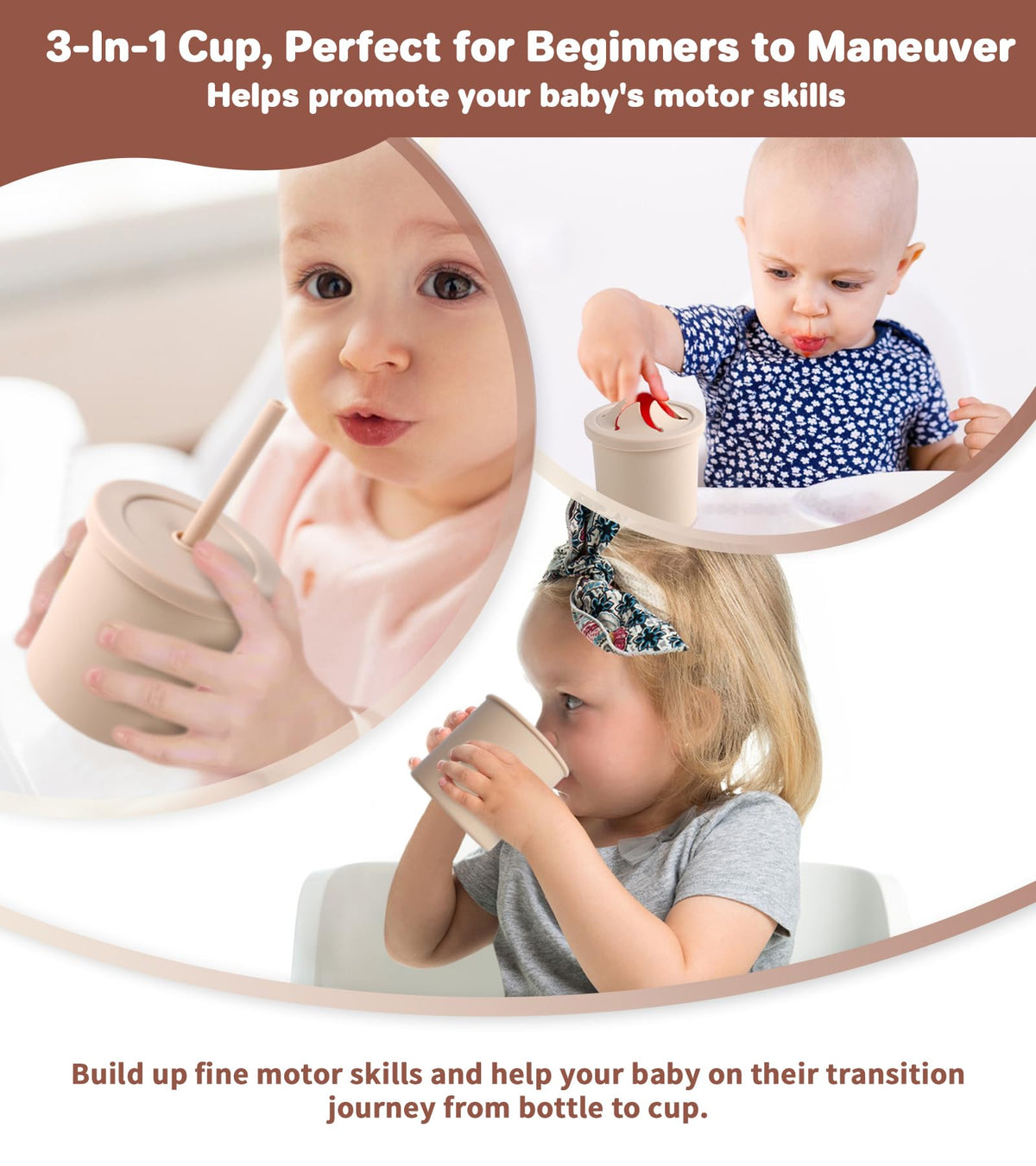 ECLIP Silicone Baby Feeding Set, 10 Pcs Baby Eating Essentials with Suction Bowl Divided Plate Adjustable Bib Soft Spoon Fork Snack Cup with Lid Drinking Cup, Utensil (Beige)