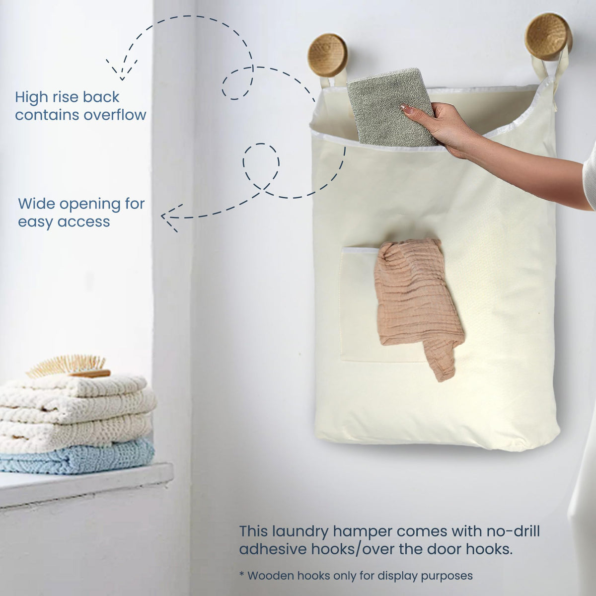The Fine Living Co. Hanging Laundry Hamper with Over Door Hooks & Adhesive, Durable Space Saving Laundry Bag with Zipper and Wide Open Top, Hanging Dorm Laundry Hamper 18"x4.75"x28" (Beige-L)