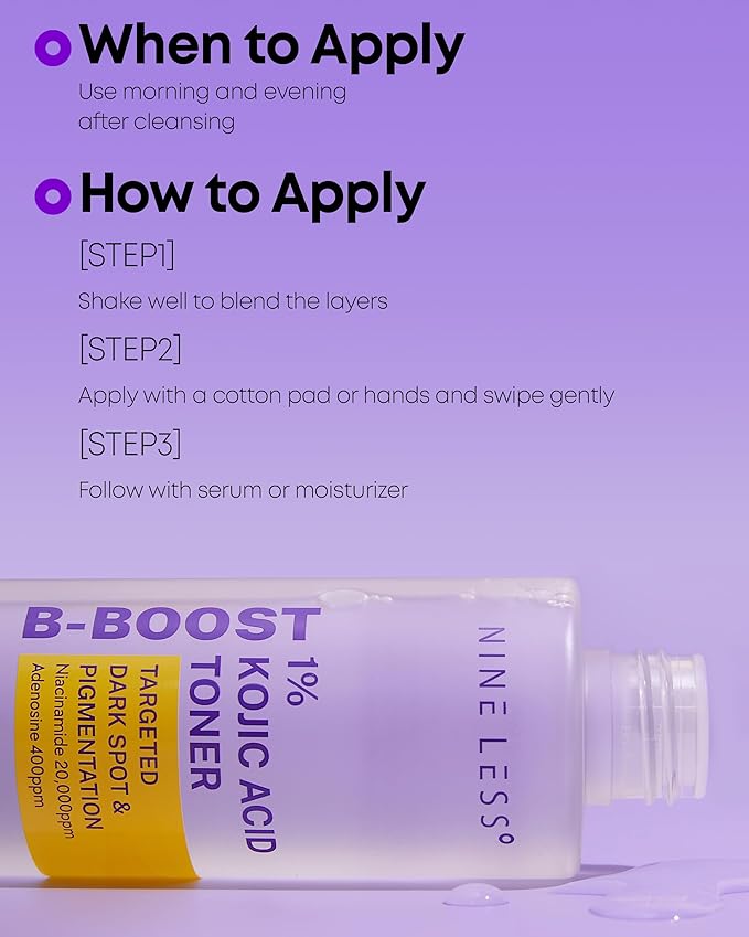 NINELESS B-Boost 1% Kojic Acid Toner with 2% Niacinamide for Dark Spot Correction - Korean Skincare for All Skin Types - Formula with Adenosine & Probiotics - 6.76 fl. oz.