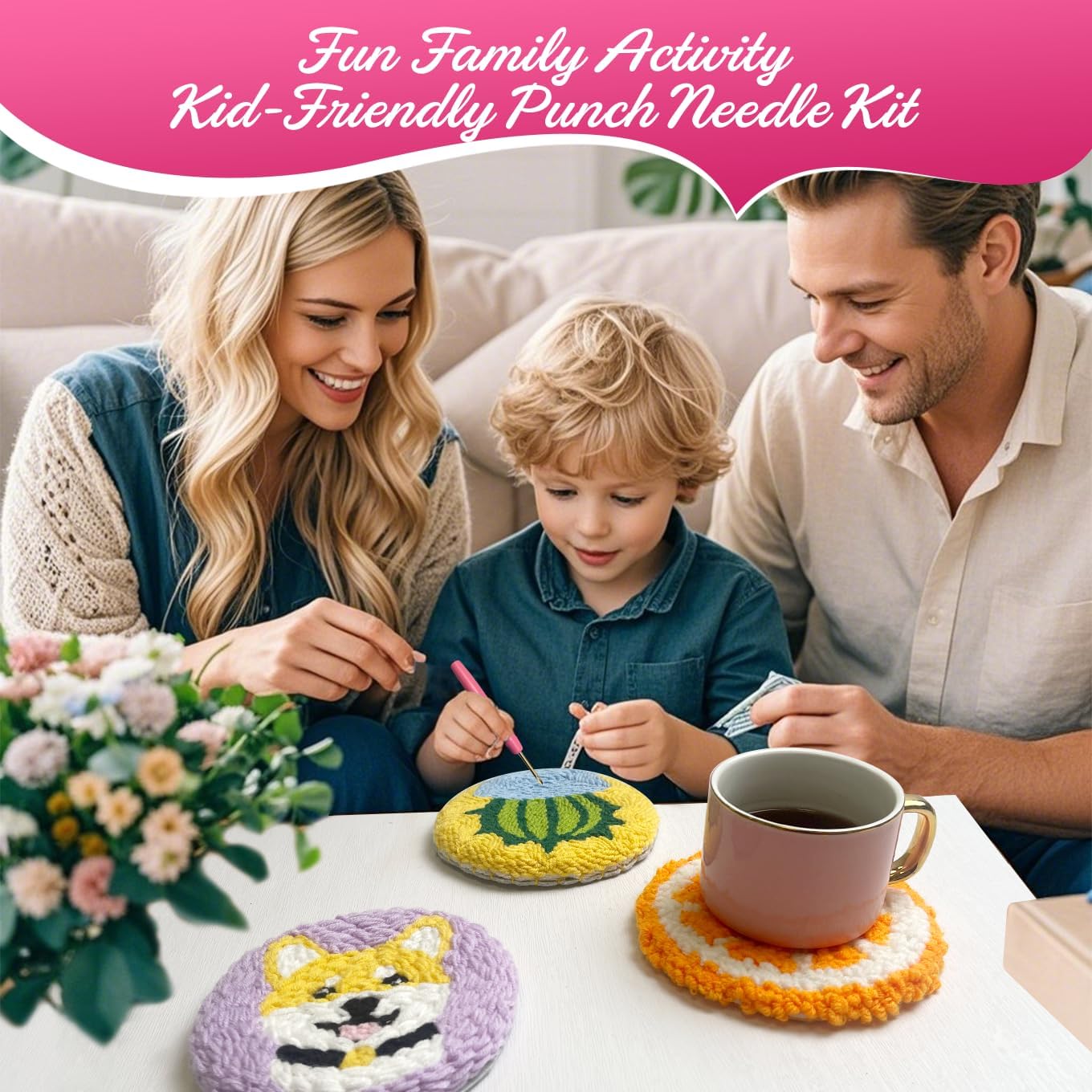 Punch Needle Kit for Adults Beginners, 6-Piece Cute Animal Punch Coaster Starter Kit – Easy Embroidery Stitch Craft Set with Instructions – Fun Needle Point Tufting for Table Decor & Festival Gifts