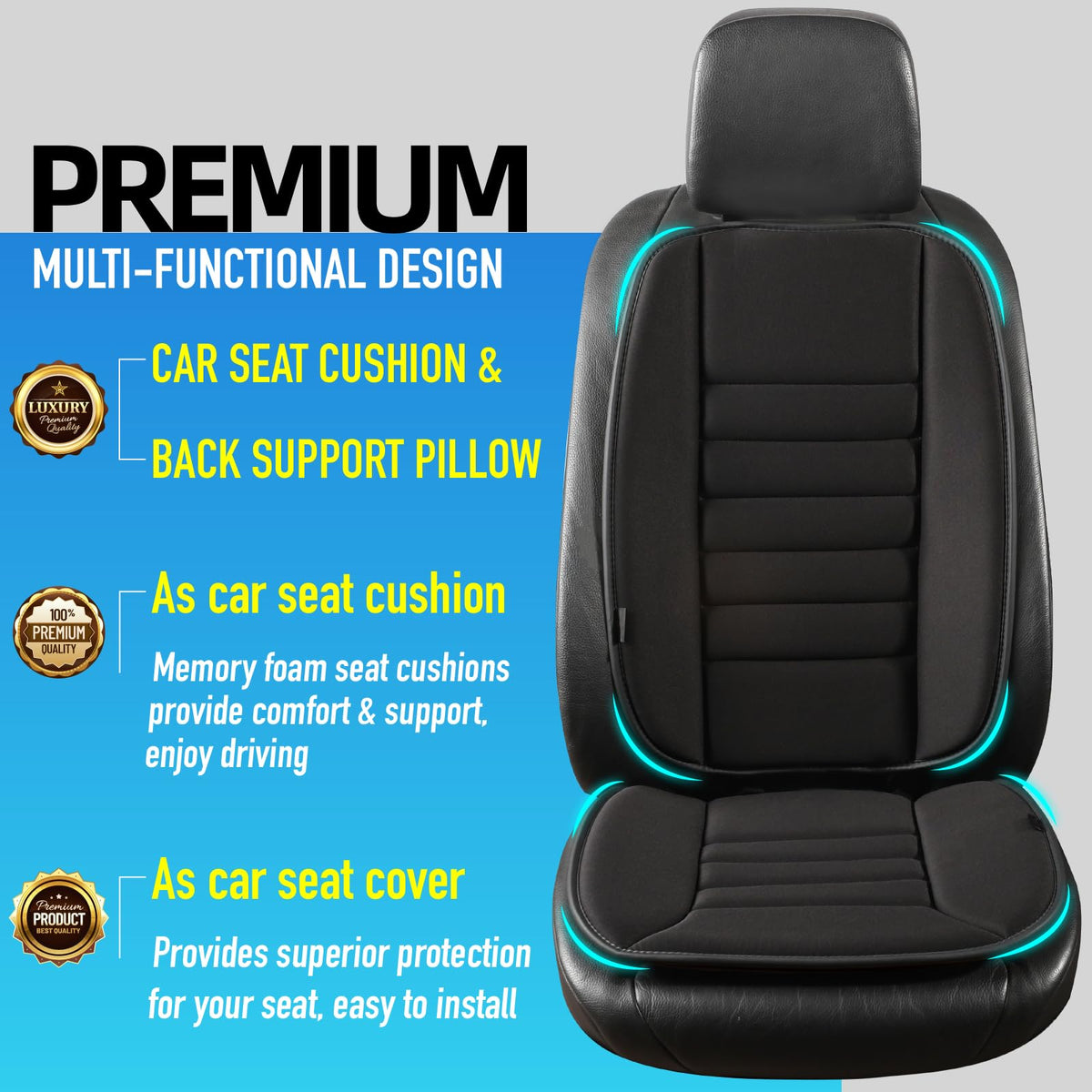 Lofty Aim Car Seat Cushion with Back Support Pillow, Comfy Lumbar Support & Seat Cushion, Memory Foam Driving Pillow for Back-Sciatica Pain Relief, Auto Pad Suitable for Car, Truck, SUV - Black