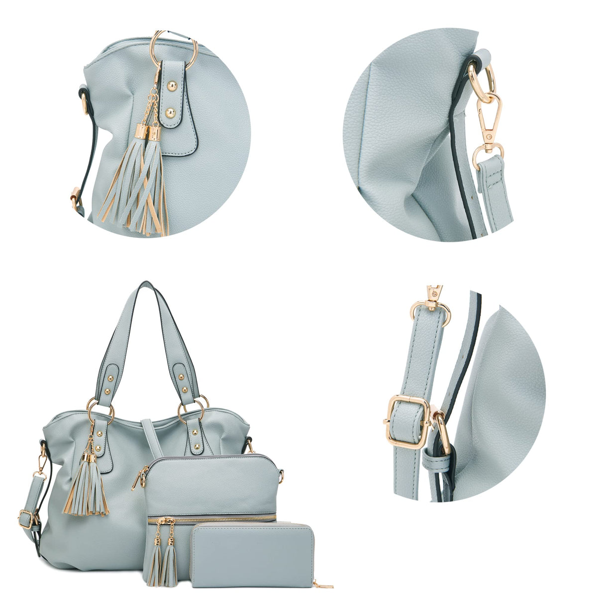 Purses And Wallets Set For Women Tote Handbags Large Hobo Bag Purse With Wallet 3PCS GreyBlue