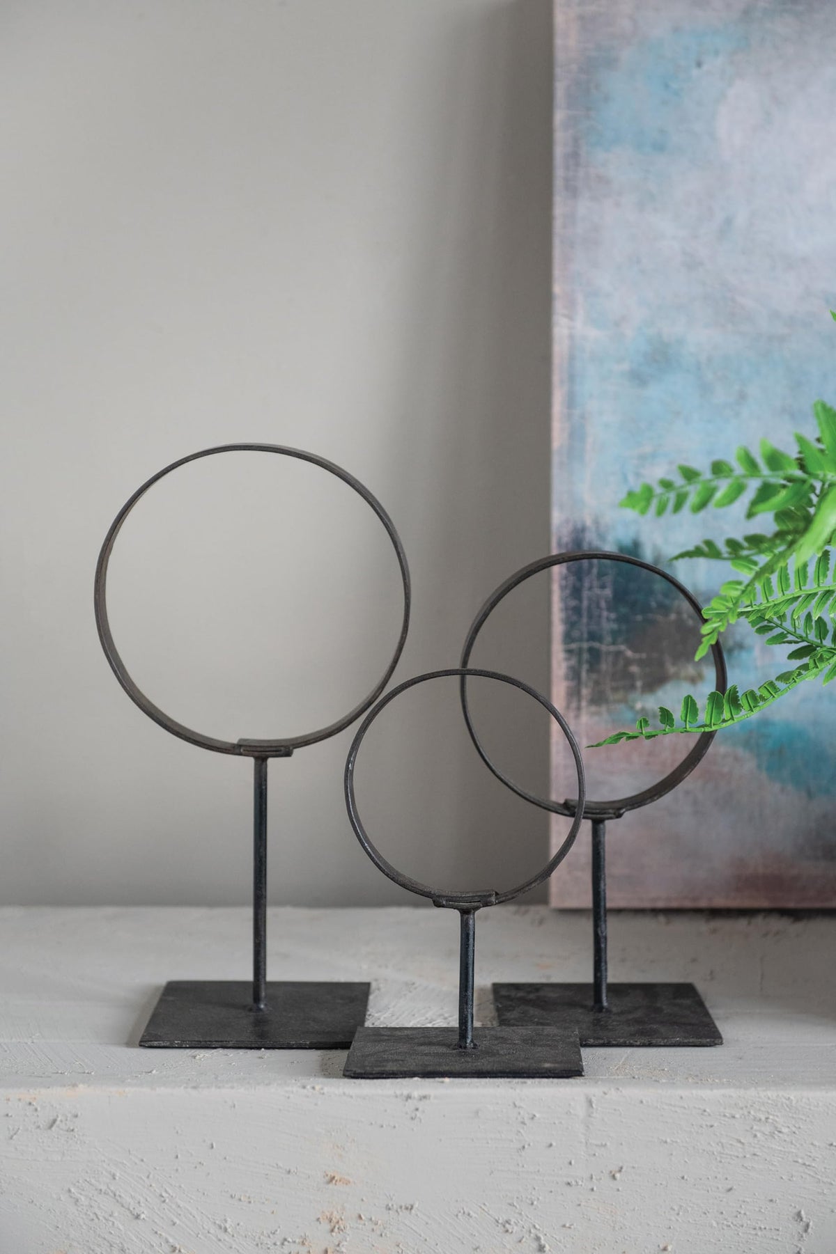 Creative Co-Op Decorative Modern Found Metal Rings on Stands, Black, Set of 3