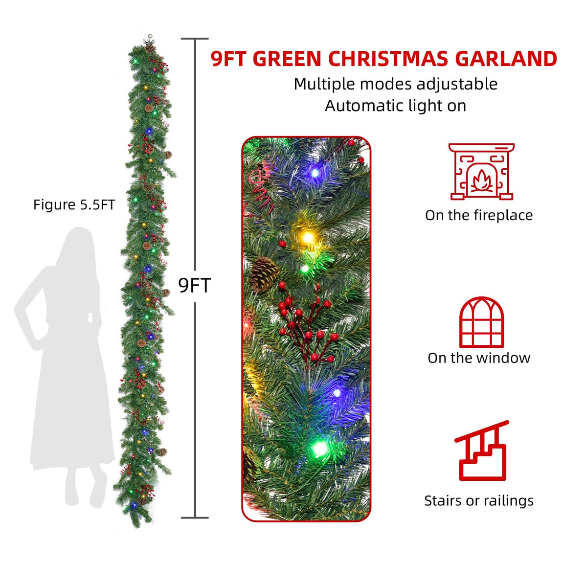 Christmas Garland with Lights 9FT, Battery Powered 50 LED Lights, 8 Lighting Modes, Red Berry, Pine Cone for Stairs, Front Door, Christmas Decor