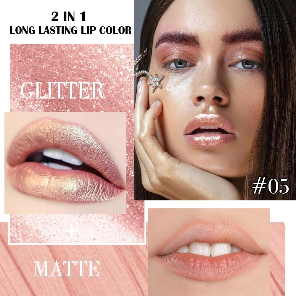 Kaely 2-in-1 Champagne Gold Metallic Lipstick and Lip Liner, Shimmer Liquid Metallic Lipsticks for Women, Glitter Lip Gloss Stain Long Lasting Waterproof Smudge Proof 24 Hour, Vegan Makeup, 05