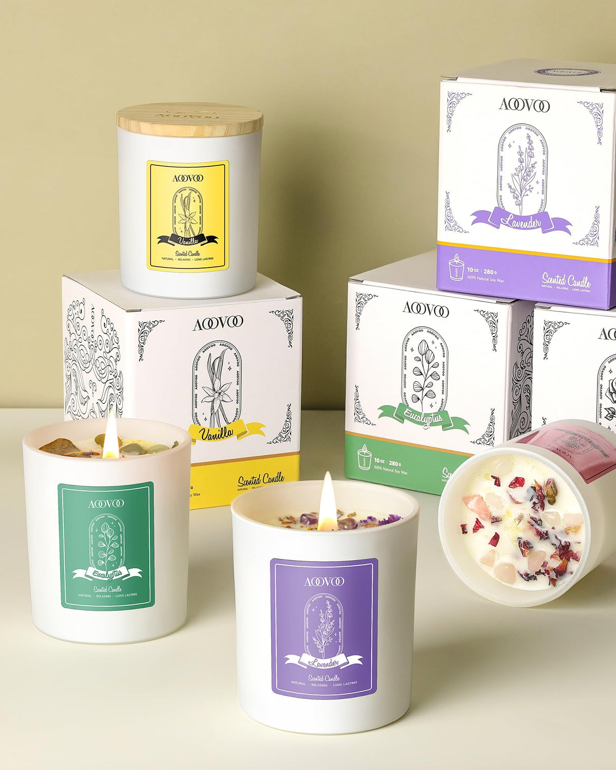 AOOVOO Vanilla Scented Candles for Women - Aromatherapy Candle with Crystals Inside, 10oz Soy Candles for Home Scented, Birthday Gifts Mothers Day Candle for Women Mom