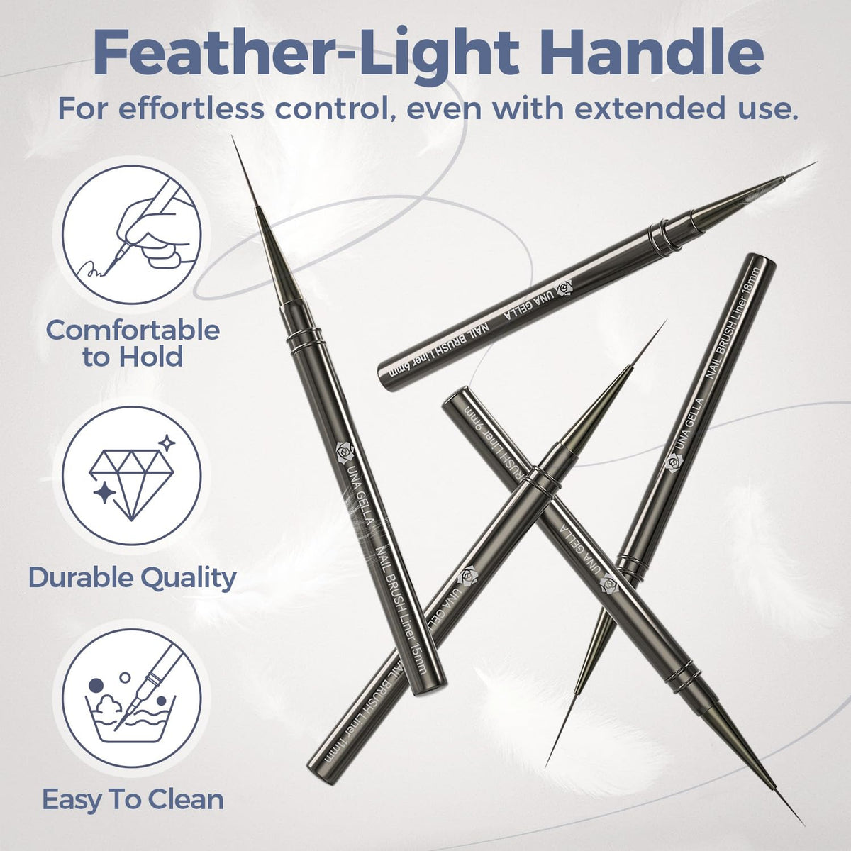 UNA GELLA Nail Art Brushes Metallic, Liner Pens 5Pcs Set For Nail Art Gel Polish, Gray Color, Detail Nail Art Design Painting Brush Set For Nails Gel Fine Drawing Nail Tools, 6/9/11/15/18mm Sizes