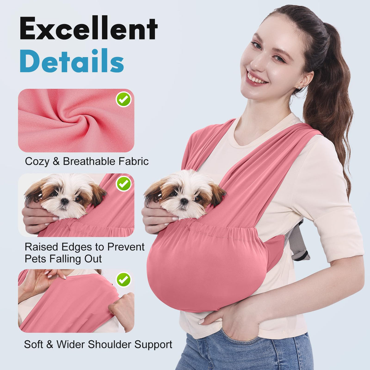 Supet Dog Sling Carrier for Small Pets, Hands Free Front Cat Sling, Reducing Back Neck Pain Anti-Anxiety, Adjustable Soft Carrying