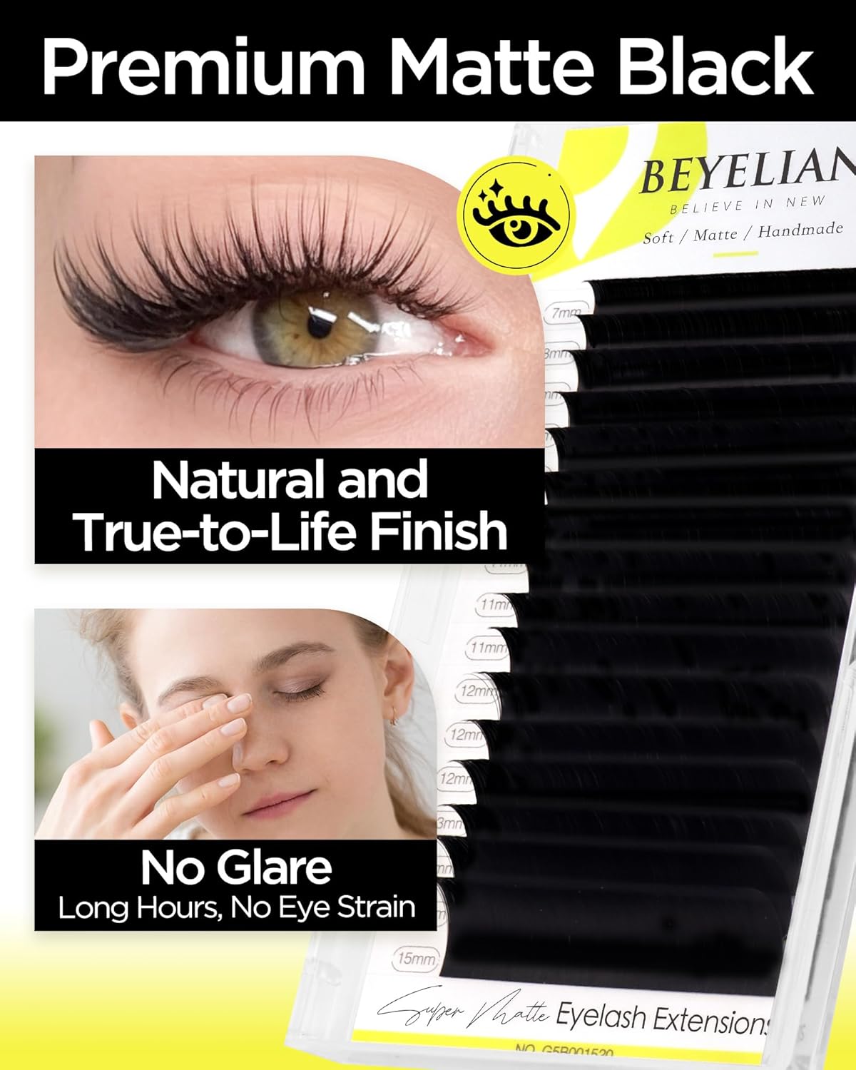 BEYELIAN Eyelash Extension 0.20 D+ Curl 7-15mm Mixed Tray Easy Fan Lash Extensions Volume Lashes Professional Use Natural Matte Black (0.20 D+ 7-15mm Mix)