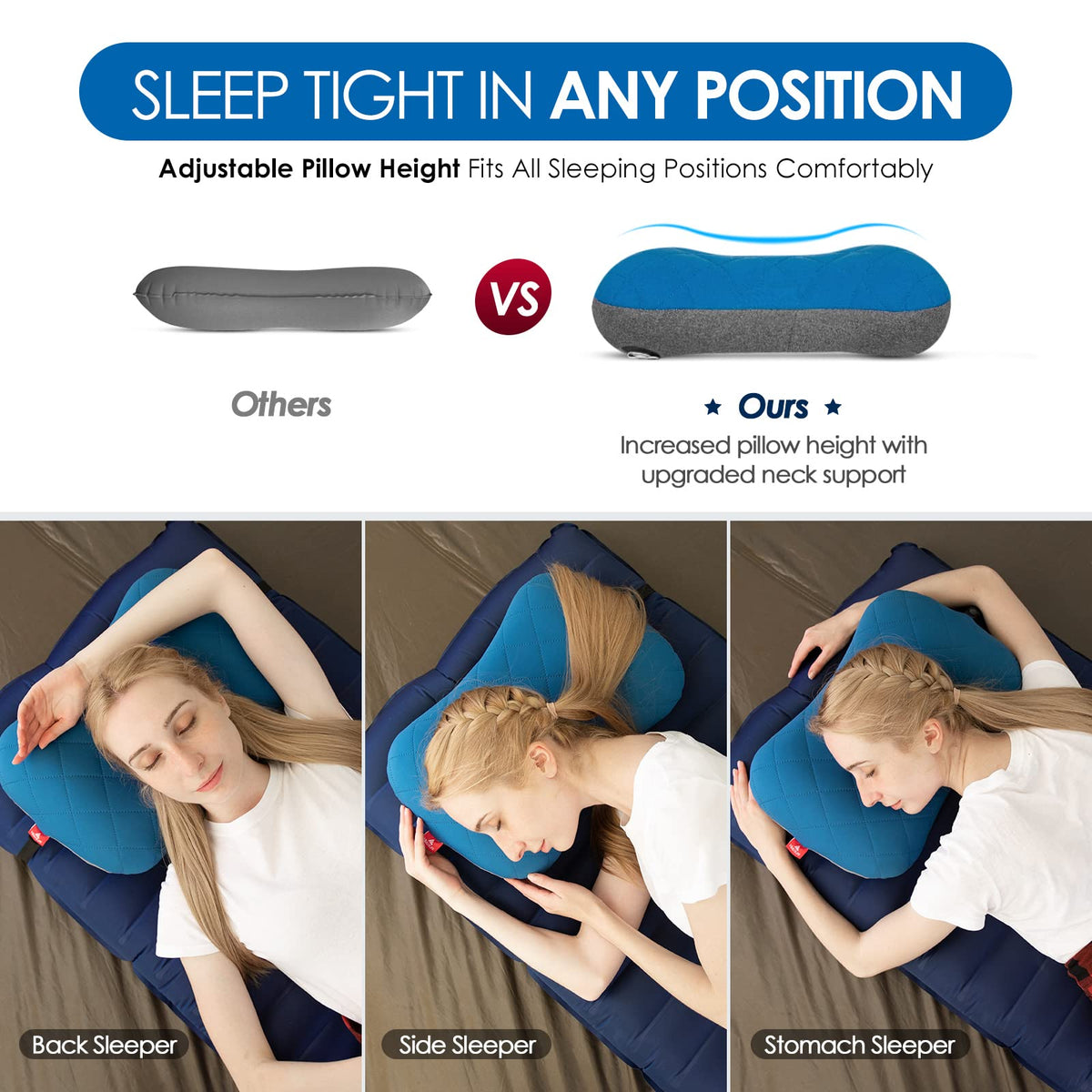 Hikenture Ultralight Inflatable Washable Pillow with Removable Cover for Neck Lumber Support - Upgrade Backpacking Pillow for Camping, Travel, Hiking, Backpacking (Blue)