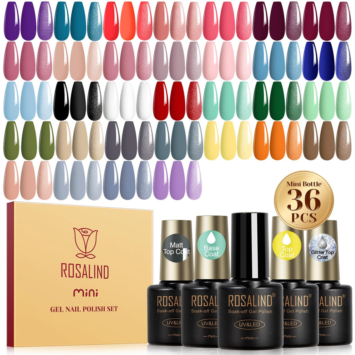 ROSALIND 36 PCS Gel Nail Polish Set-32 Colors Gel Polish Kit Base Coat Glossy Matte and Glitter Top Coat Nail Polish Set Green Blue Red Pink Collection Gifts for Women