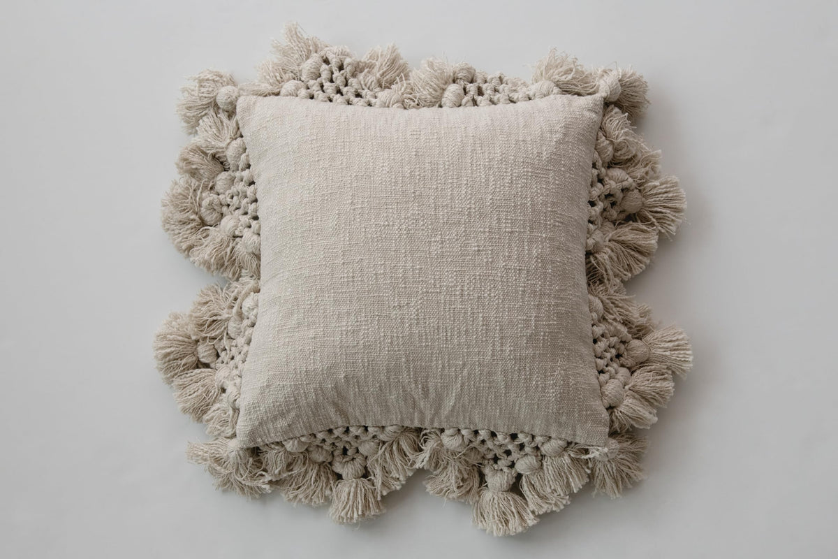 Creative Co-Op Cotton Slub Pillow with Crochet and Tassels, 1 Count (Pack of 1), Cream
