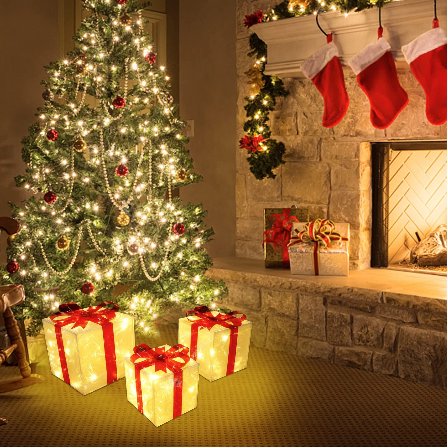 Lulu Home Christmas Box Decorations, Set of 3 Light Up Boxes with Red Bows, Plug-in 60 LEDs Warm White Lighted Xmas Boxes for Christmas Tree Holiday Indoor Outdoor Decors