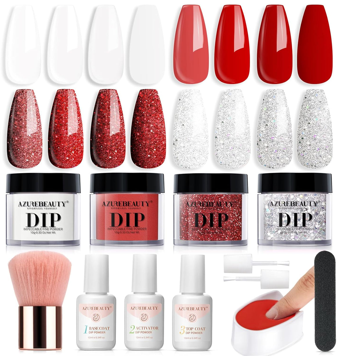 AZUREBEAUTY Dip Powder Nail Starter Kit Berry Red Milky White Silver Glitter, 4 Colors Dipping Powder Set, French Nail Art Base Top Coat Activator Essential Liquid Manicure No Lamp Needed Salon