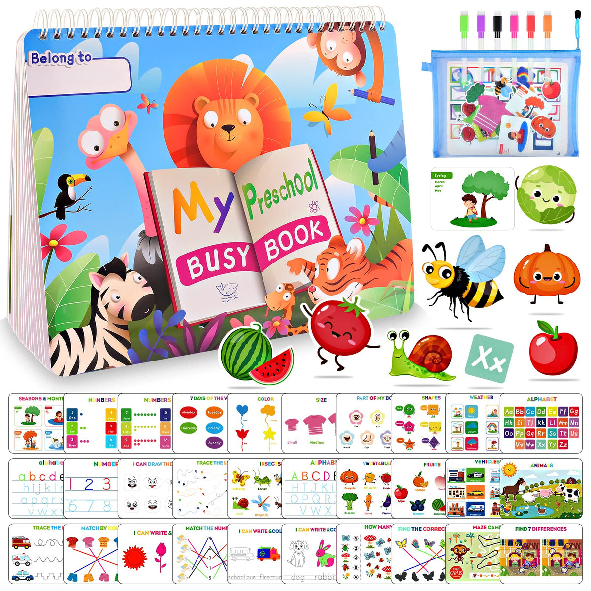 MDINGTD Busy Book for Toddlers, 30 Themes Montessori Preschool Learning Activities Kids Toys Birthday Xmas Gifts for 3-5 Year Olds Boys Girls Early Educational Toys Age 3-5 Autism Learning Materials