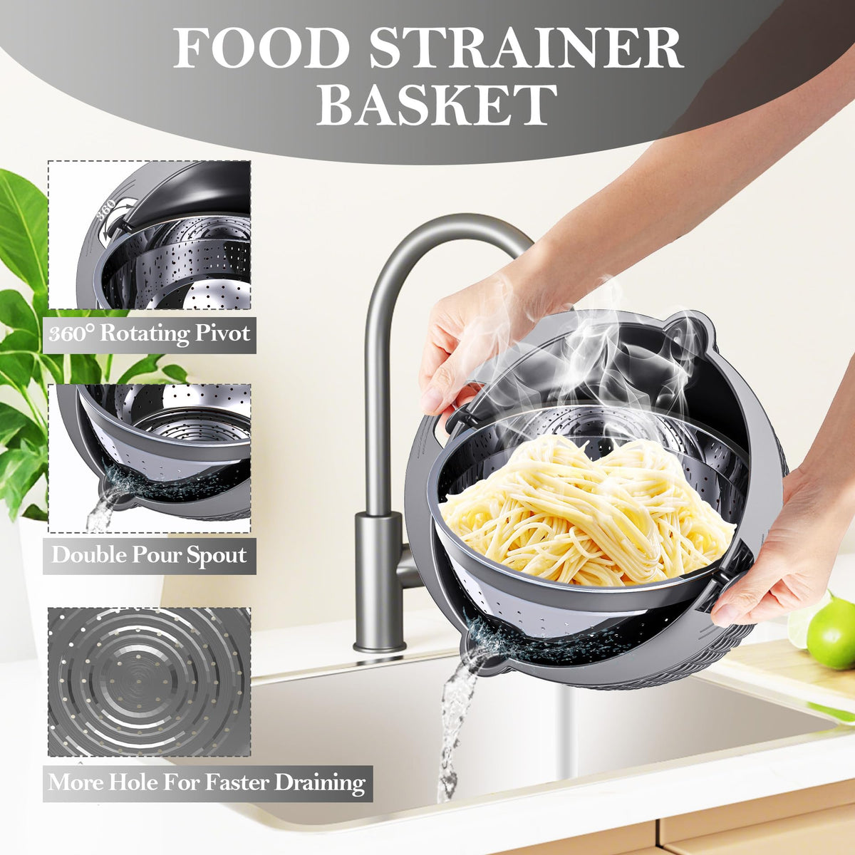 4-in-1 Colander with Bowl Set – Food Strainers and Colanders - Stainless Steel Rotatable Strainer for Fruits & Veggies – Pasta Strainer - Kitchen Essentials - Grey