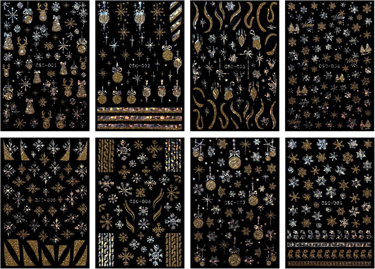 JMEOWIO 8 Sheets Christmas Gold Glitter Silver Nail Art Stickers Decals Self-Adhesive Snowflake Winter Holiday Nail Supplies Nail Art Design Decoration Accessories